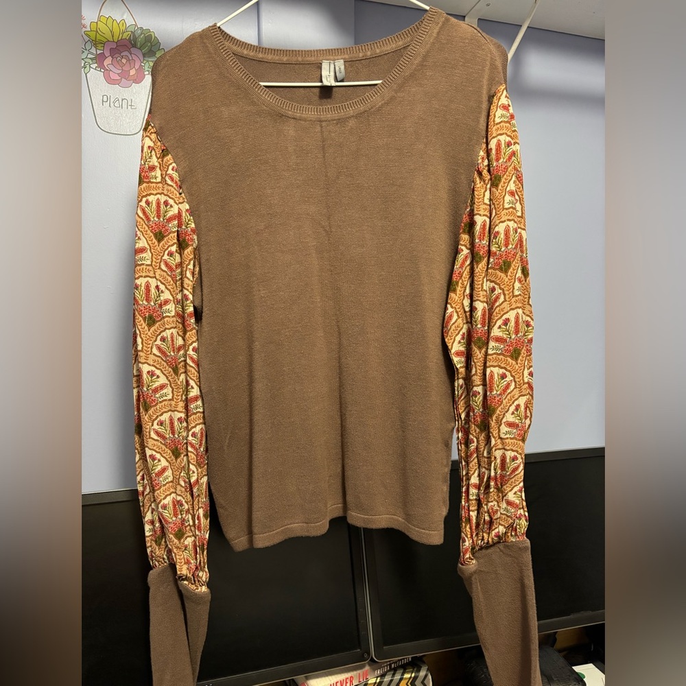 Blink London Brown and Multicolor Patterned Sleeve Women's Sweater Top